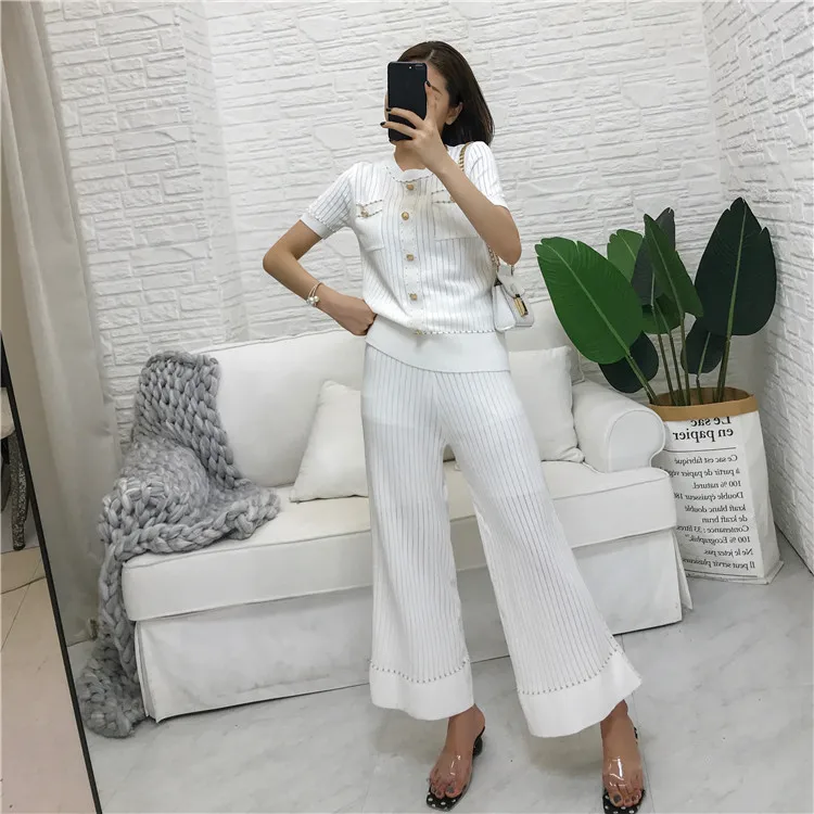 ALPHALMODA Модный трикотажный костюм из двух частей, женский летний костюм, новинка, пуловер с коротким рукавом, широкие брюки, повседневные комплекты