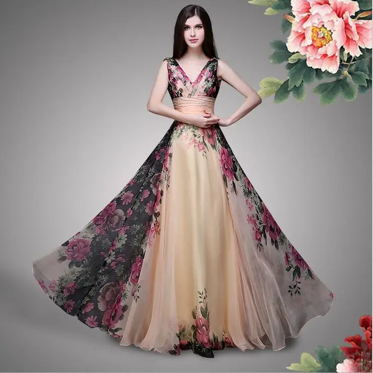 

Londinas Ark Store Bohemian women summer dress Elegant Floral pattern women high quality long summer Bohemian chiffon dress