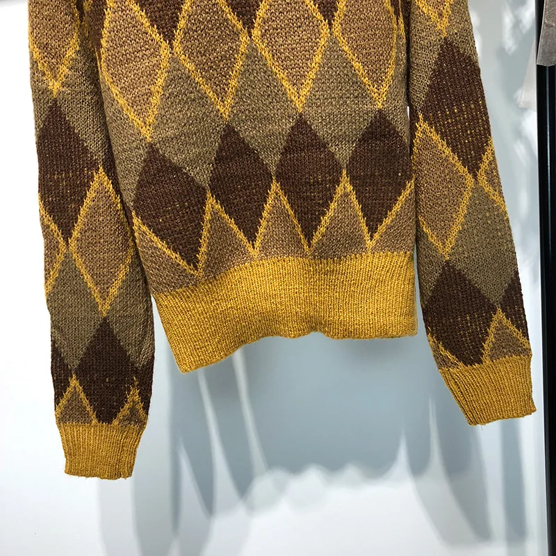 Vintage Winter Patchwork Color Argyle Pullover Sweater Warm Wool Long Sleeve Women O-Neck Knitted Short | Женская одежда