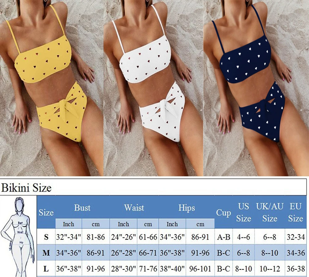 Женский купальник с принтом маленькое сердце высокой талией и бантом