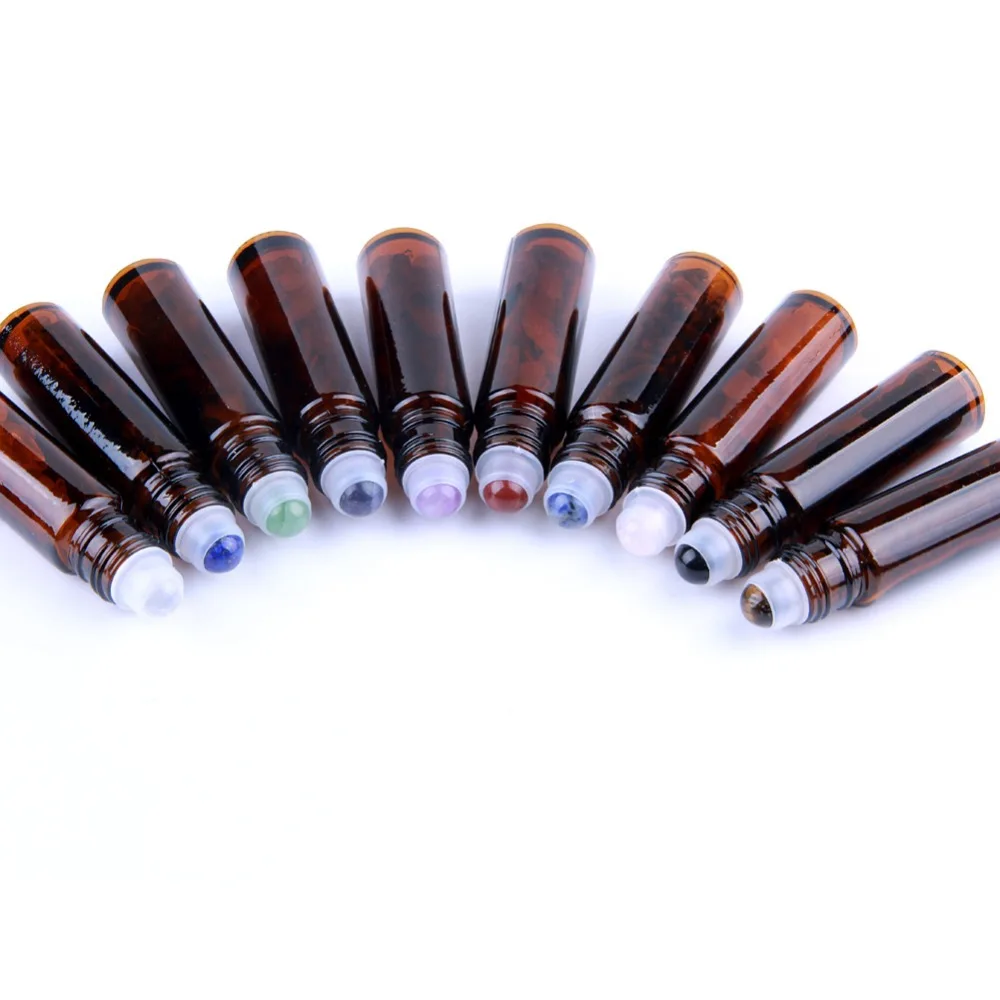 

10pcs Natural Gemstone Quartz Roller Ball on Empty Essential Oil Portable Bottles Amber Glass 10ml Crystal Chips Inside
