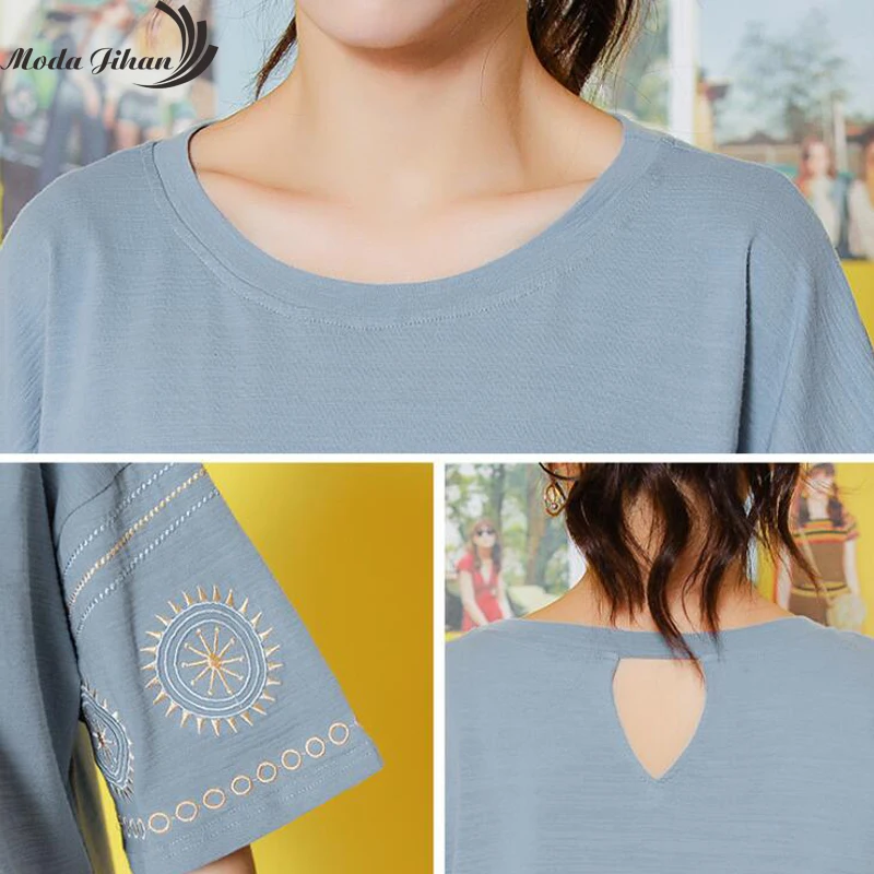 Moda Jihan новые женские футболки хлопковые широкие с коротким рукавом топы вырезами