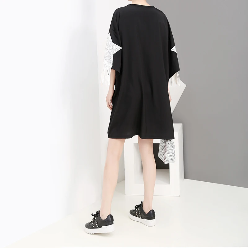 Женское платье с бахромой повседневное черное средней длины большого размера
