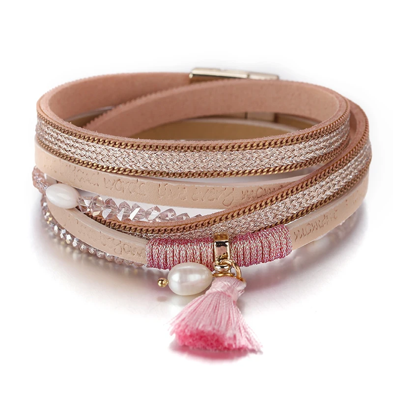 ALLYES Lette слова кожаные браслеты для женщин Мода Boho Кристалл бисер кисточка дамы многослойный наматывающийся браслет ювелирные изделия