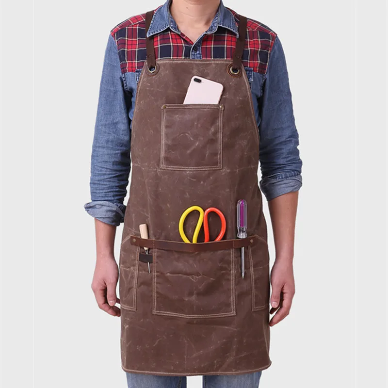 

Vintage Carpenter Apron Oil Wax Waterproof Canvas Apron Genuine Leather Straps Unisex Gardener/Butcher Working Aprons BBQ Wear