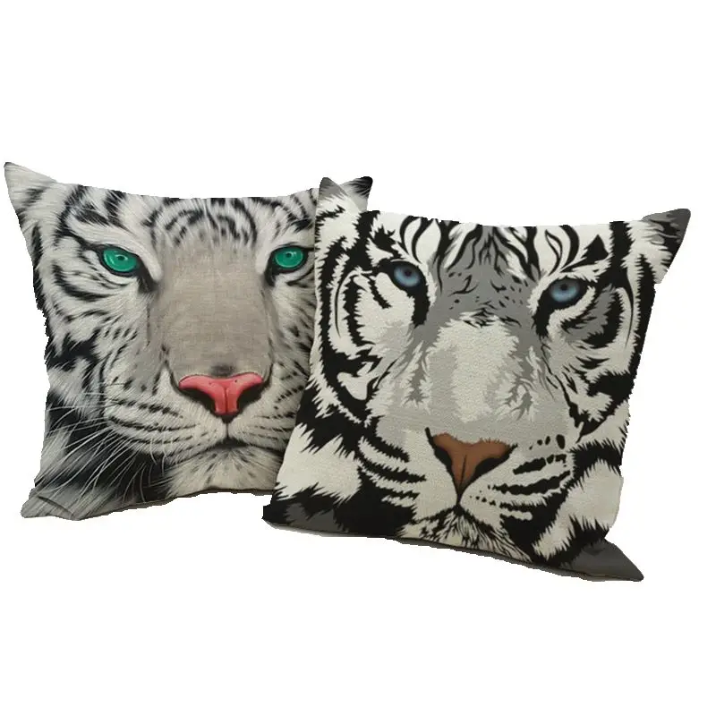 Наволочка из хлопка и льна с изображением животных белого тигра декоративная