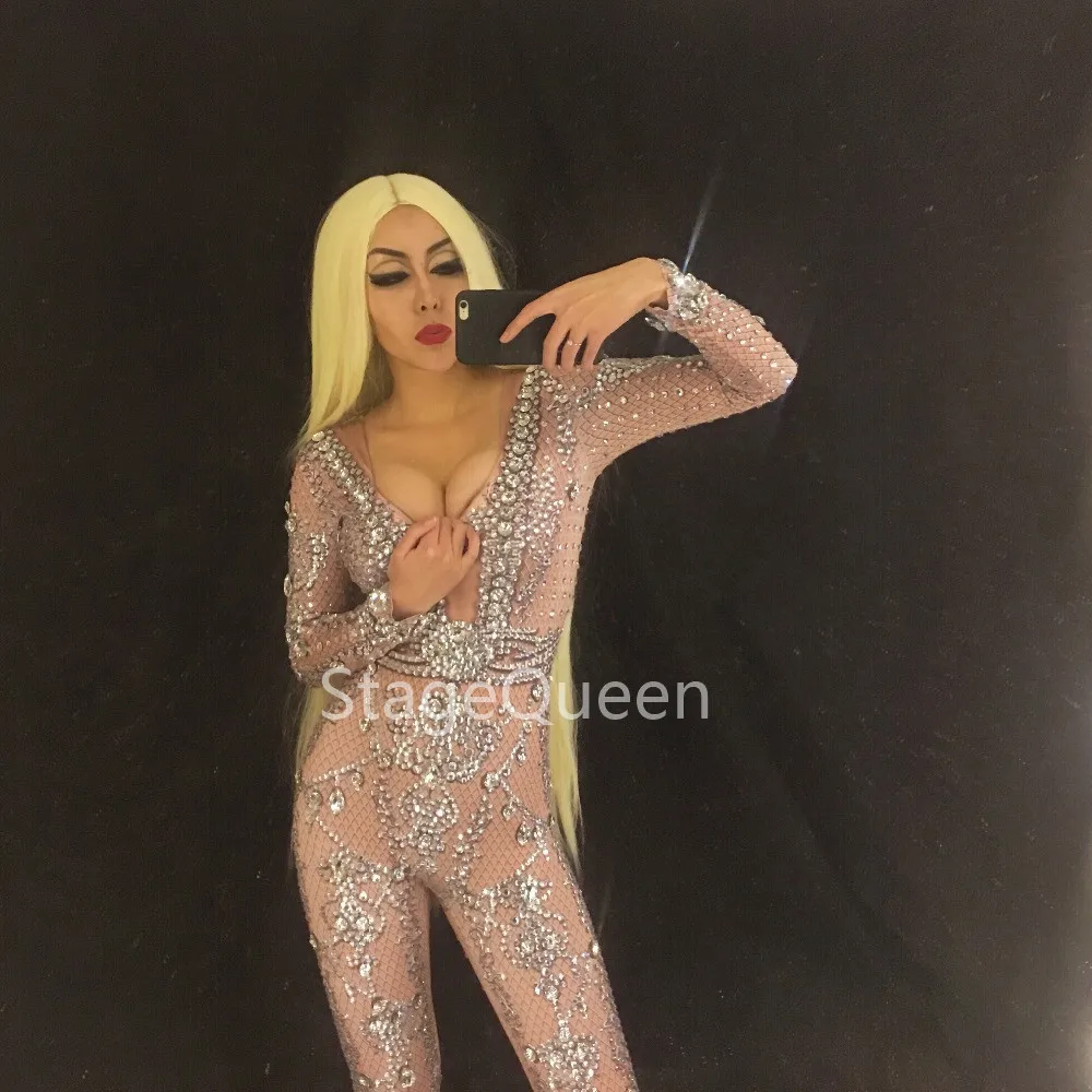 Women Sexy Stage Nightclub Jumpsuit Full of Sparkling Crystals Stones Bodusuit Party Performance Costume | Женская одежда