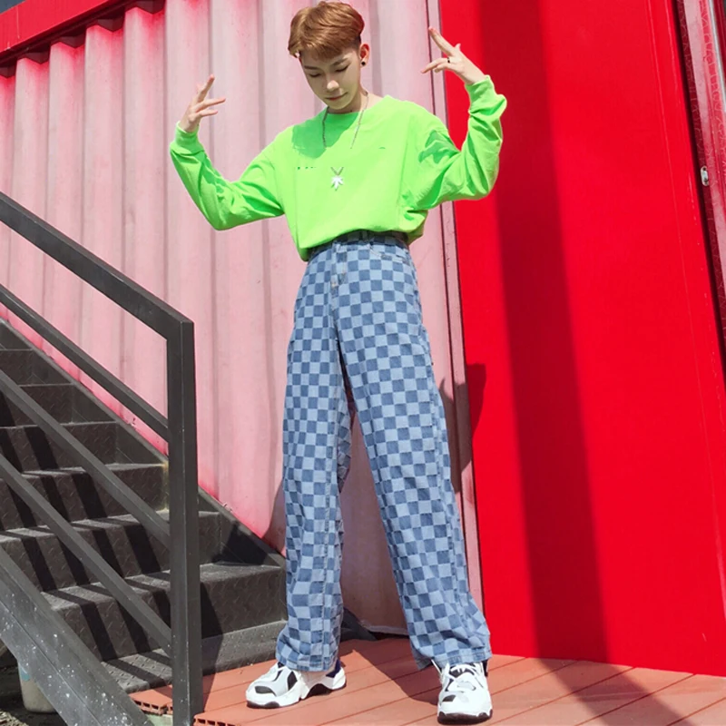 Женские хлопковые джинсы в стиле Харадзюку свободные клетчатые шахматные Instagram