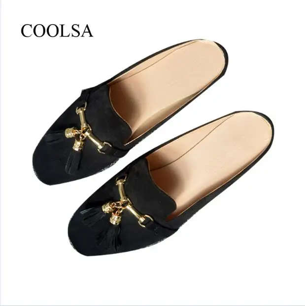 Black COOLSA/Новинка; женские шлёпанцы; дизайнерские шлёпанцы с кисточками и цепочками; шлепанцы с металлической пряжкой; женская качественная обувь из флока; сандалии на плоской подошве для отдыха; большой размер 11 - Цвет: Black