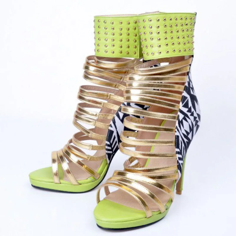 

Mixed Golden Lime Green Striped Gladiator Back Zippers Stiletto Strappy Heels Women Evening Carnival Summer Sandals Shoes 45 FSJ
