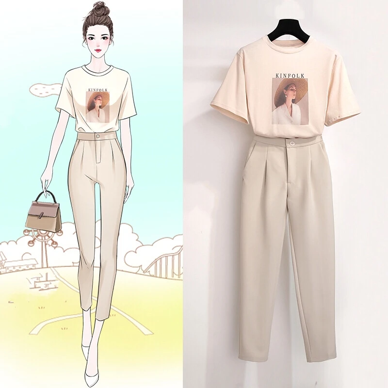 Летний женский комплект из двух предметов топ и штаны футболки с принтом +