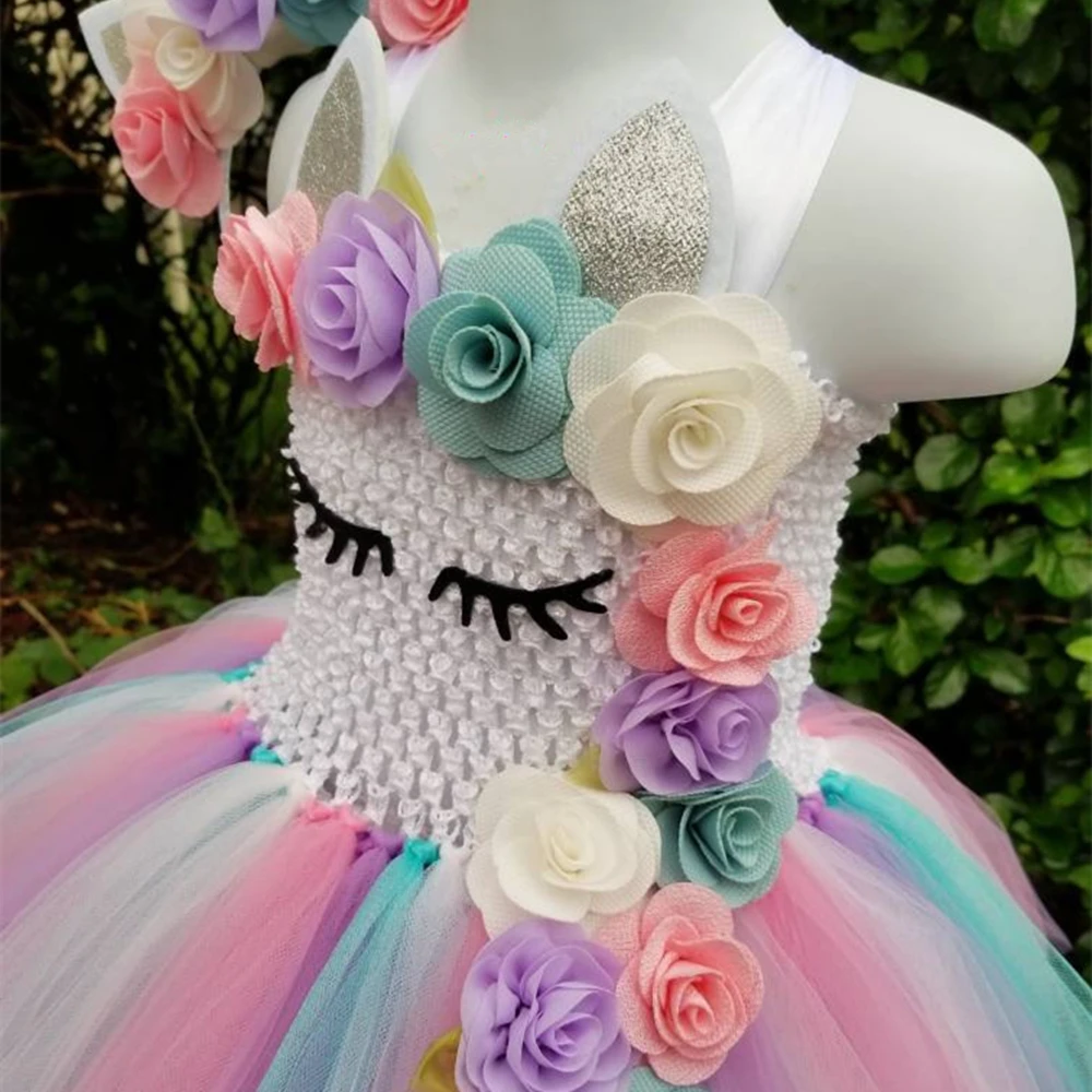 Kids Girls Unicorn Tutu Dress Knee-Length Pastel Rainbow Flower Girl Birthday Party Up Fancy Halloween Costume | Детская одежда и