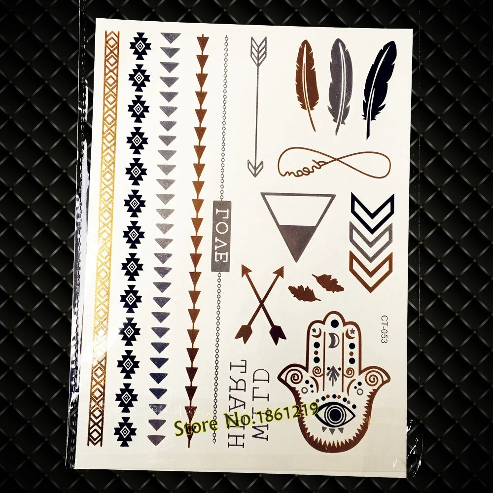 

New Men Women Arm Leg Makeup Temporary Tattoo Paper Paste GCT153 Hamsa Hand Eye Golden Arrow Tattoo Black Feather Metallic Tatoo