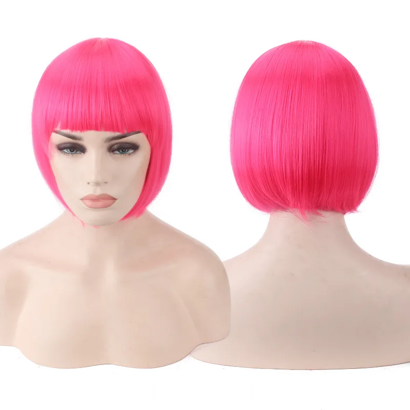 Pink Yiyaobess синтетический короткий прямой желтый розовый зеленый синий белый красный блондин серый коричневый черный боб парик с челкой косплей женский - Цвет: Pink