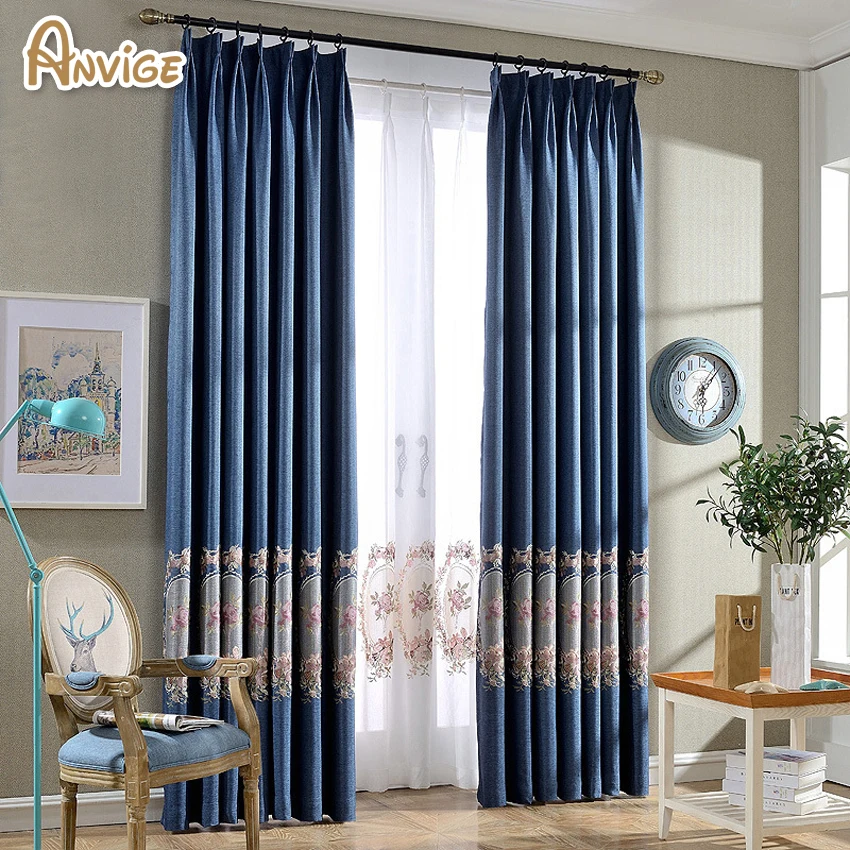 

Высококачественные затемняющие шторы с вышивкой синего цвета для гостиной, спальни, затененные шторы и занавески для окон