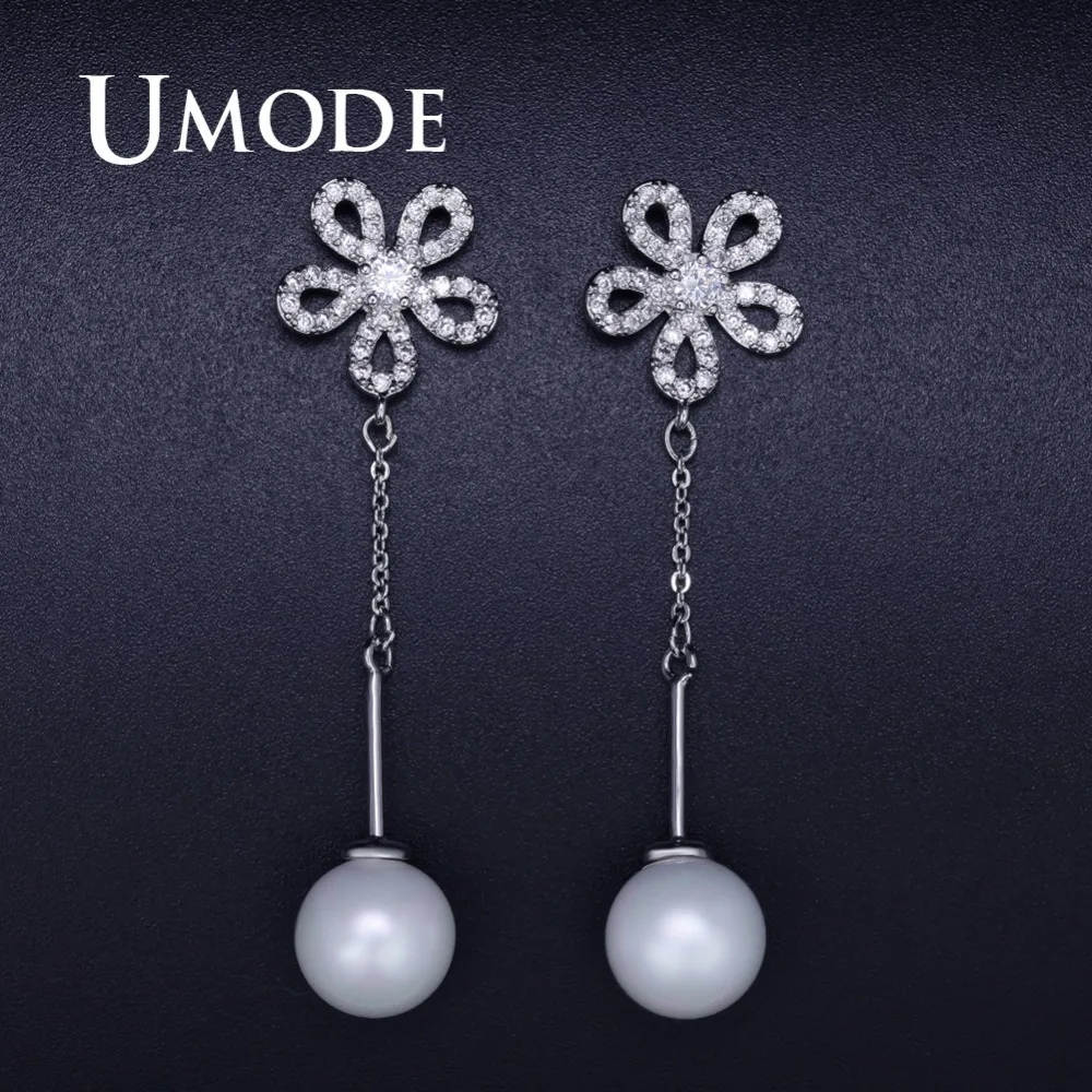 UMODE Модный жемчужный цветок длинные висячие серьги для женщин женское белое золото Цвет кубический цирконий ювелирные изделия pendientes UE0361
