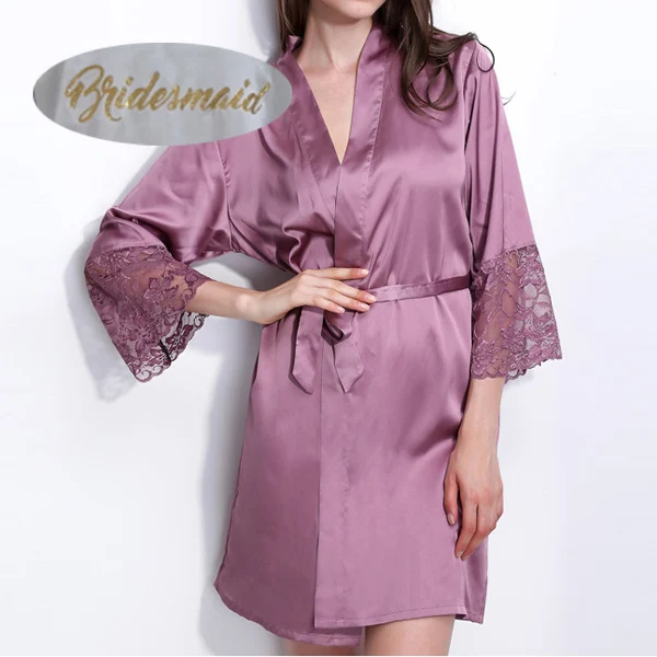 Purple(Bridesmaid) R18 Сексуальная атласная Женская пижама с кружевом отделка кимоно Свадебные халаты золотой блеск невесты Пижама для невесты ночная рубашка платье Вечерние пижамы для женщин - Цвет: Purple(Bridesmaid)