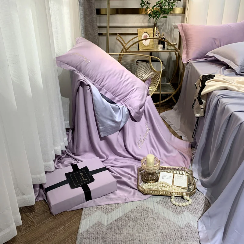 Белый фиолетовый розовый серый роскошный удобный 100S Tencel Шелковый набор постельного белья с вышивкой пододеяльник кровать застежки для простыни льняной чехол для подушки