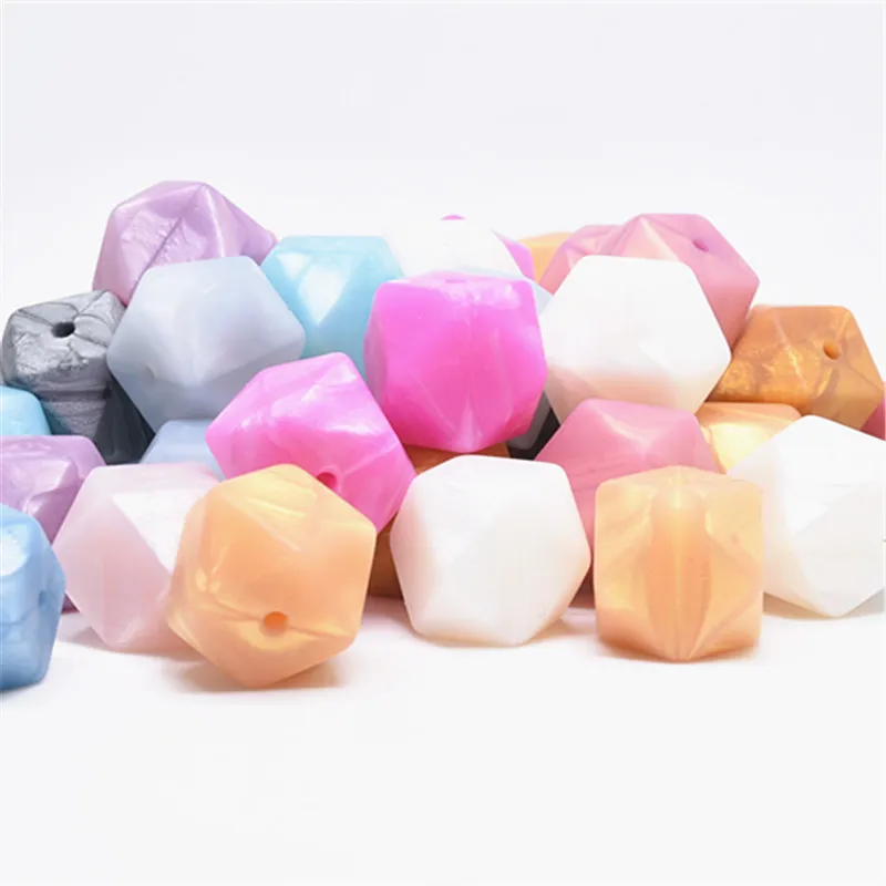 50 unids/lote de cuentas de silicona hexagonales de colores met&aacute;licos para dentici&oacute;n de beb&eacute;, collar de dientes de mordedura de 17 MM, cuentas sueltas de silicona masticables Diy-2