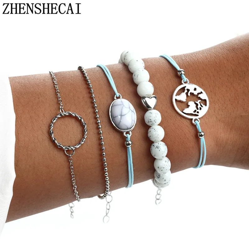 s14 Bohemian Marble Beads Shell Bracelet Set For Women Tassel Pendant Bangles Bracelet Femme Jewelry Accessories - Окраска металла: s14