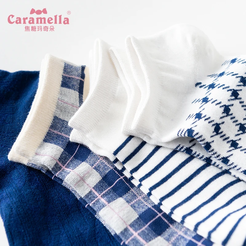 Caramella, 4 пар/лот,,, Летние повседневные женские носки, Новые короткие носки, модные, дизайнерские, в клетку, темно-синие, в клетку, хлопковые носки