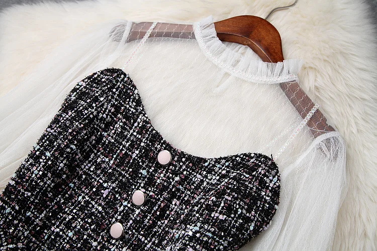 2019 модная весенняя Для женщин комплекты оборками Клетчатый узор See Through кнопки