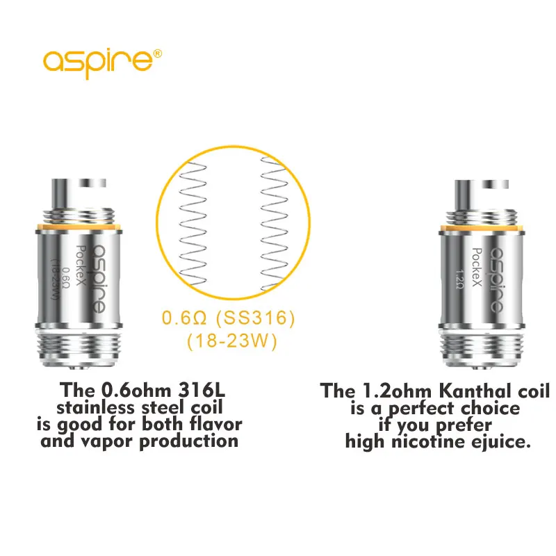5 шт./лот Aspire PockeX катушка 0.6ohm/1.2ohm Vape катушки голова 316L сталь для электронных