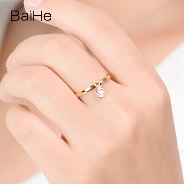BAIHE Твердое 14 к желтое золото 0.10ct круглый Сертифицированный H/SI круглый натуральный бриллиант обручальное кольцо для женщин Мода Ювелирные украшения подарок кольцо