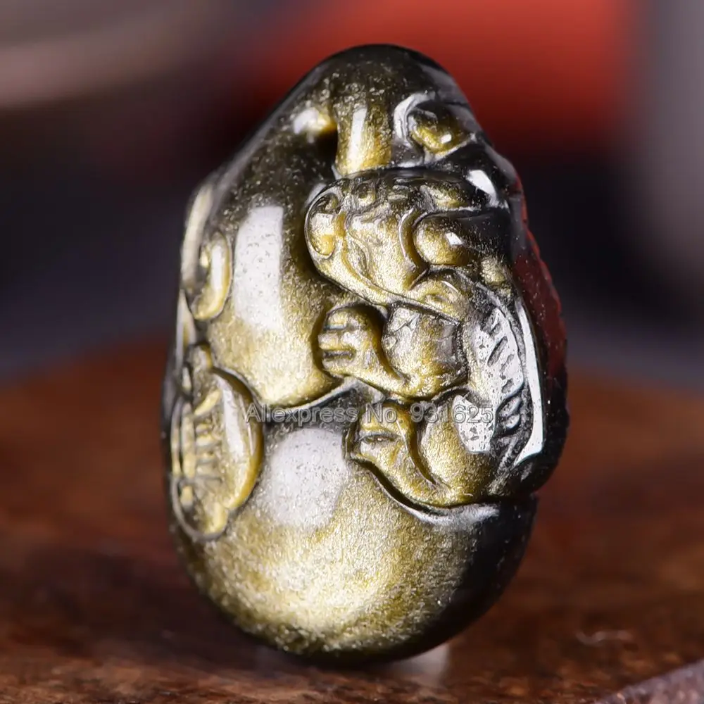 Красивый природный золото Обсидиан Резной китайский бутылки Pixiu Лаки амулет