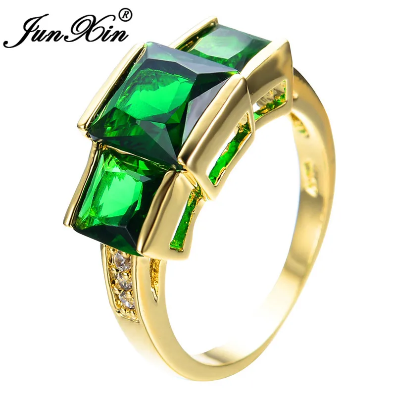 Green Ring JUNXIN роскошный большой камень три квадратных циркония кольца для мужчин и женщин желтое золото Заполненные Фиолетовый/Зеленый Камень Королевский камень ювелирные изделия - Цвет основного камня: Green Ring
