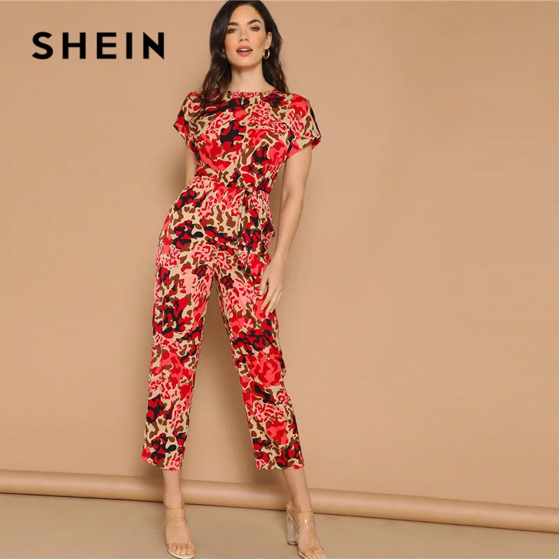 SHEIN Lady Highstreet комбинезон с закатанным рукавом и узлом спереди с леопардовым принтом женский летний повседневный комбинезон с высокой талией