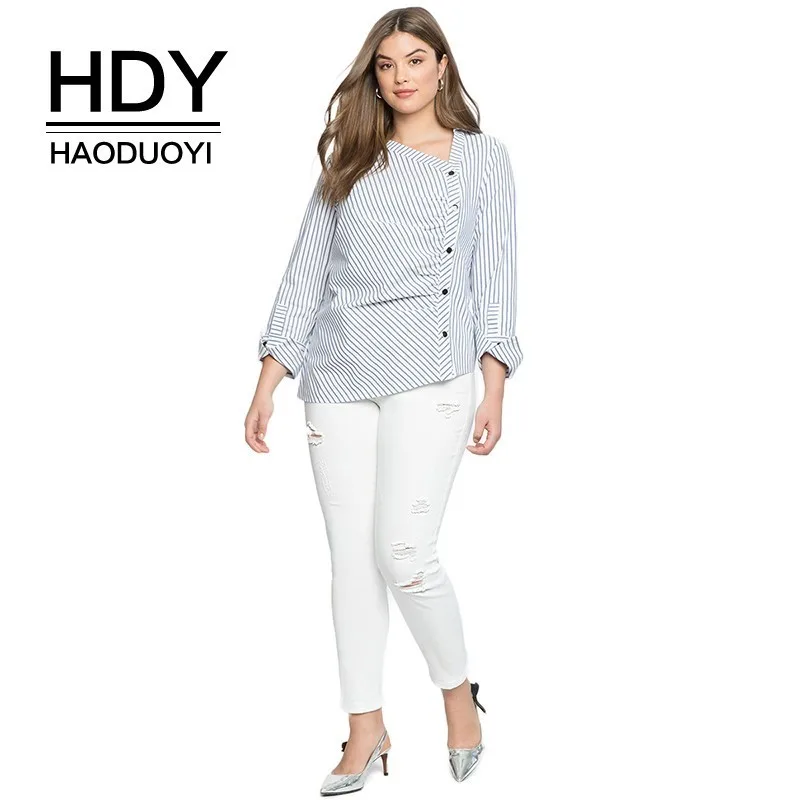 Летняя Блузка HDY Haoduoyi Офисная Женская блузка с треугольным вырезом в полоску