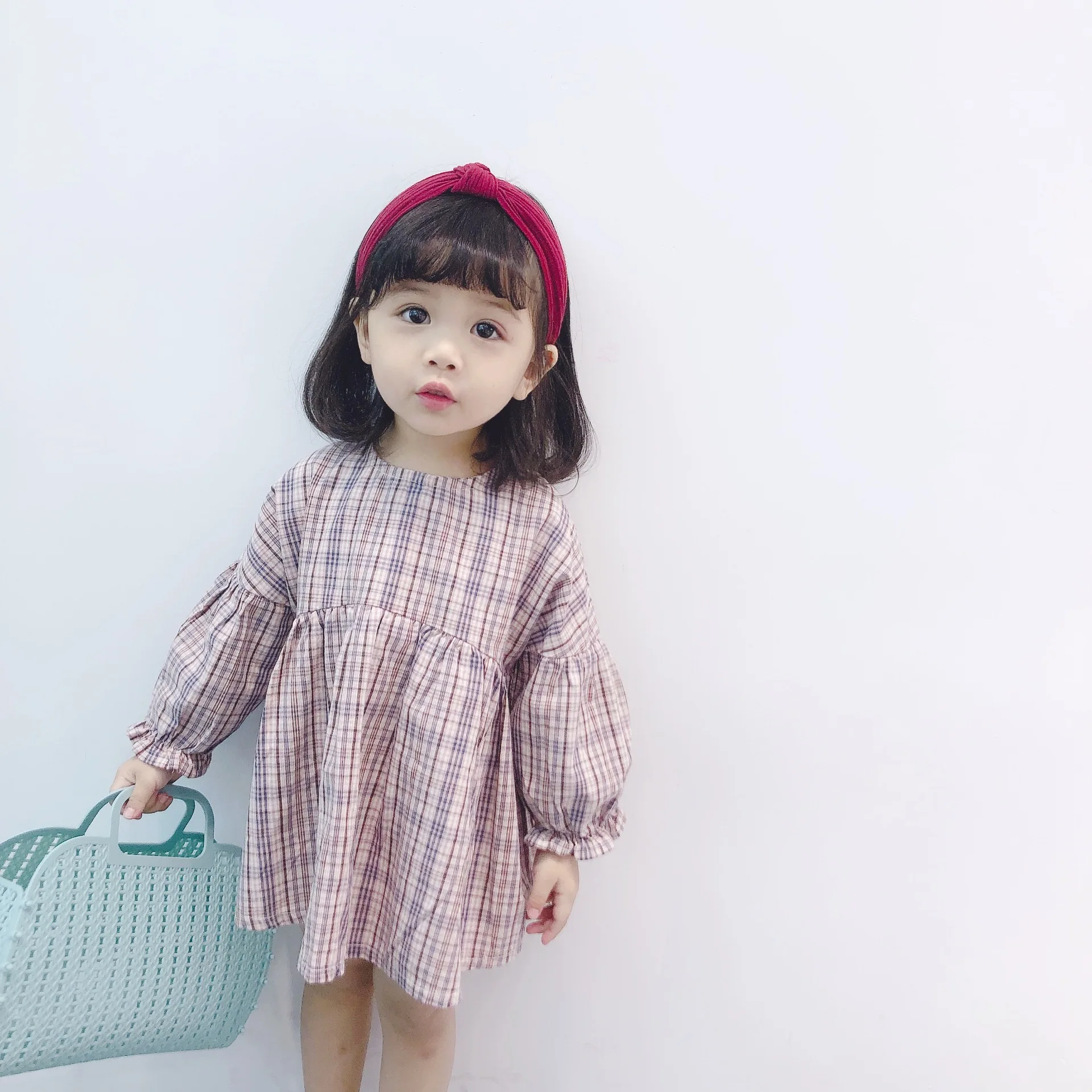 2019 Spring cute girls pink plaid puff sleeve loose A-line fashion princess dresses kids cotton all-match casual dress | Детская одежда