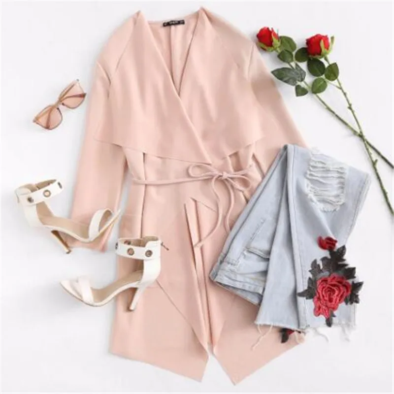 

Waterfall Collar Pocket Front Wrap Work Wear Trench Peach 3/4 Sleeve Apricot Knee Length With Belts Office Women Coat