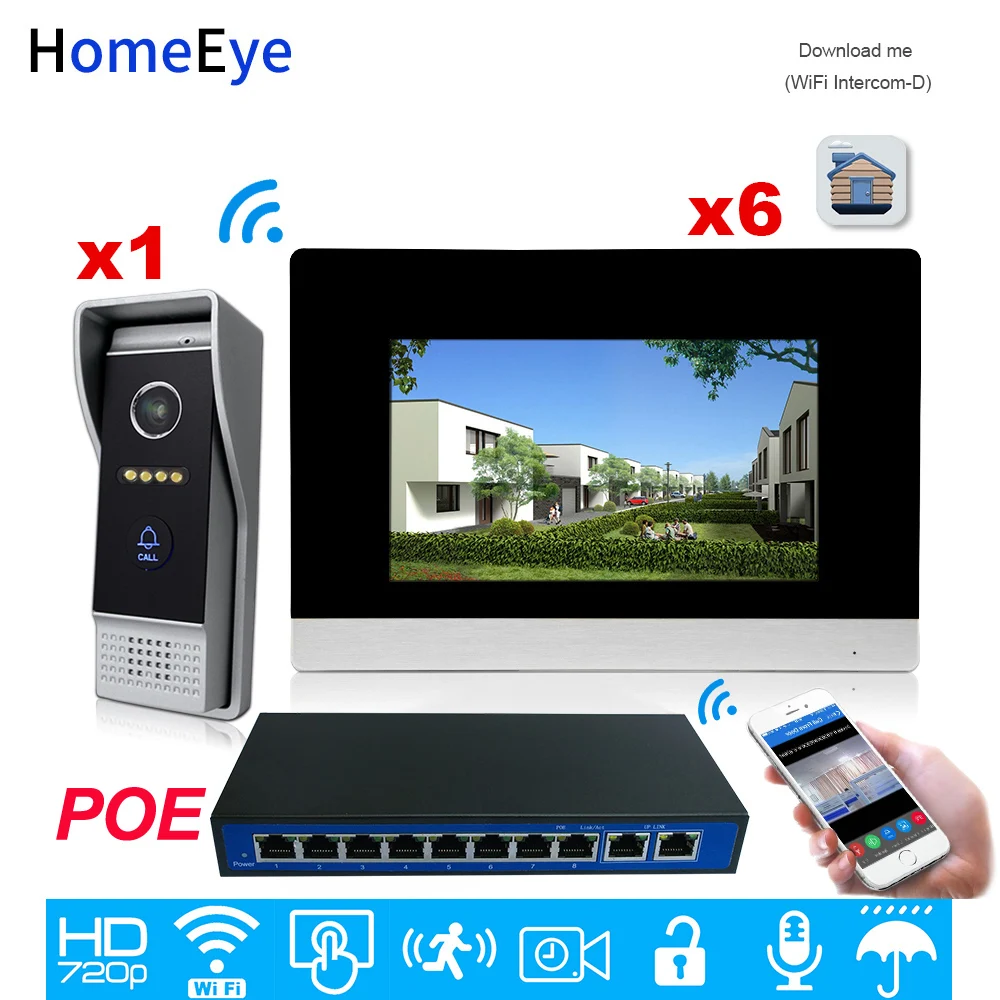 HomeEye 720P HD WiFi IP Video Door Phone Video Intercom Android/IOS APP Remote Unlock Home Access Control System 1-6 +POE Switch