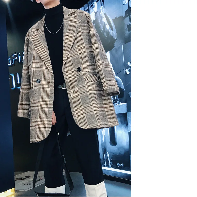2018 Spring And Autumn Men's New Plaid In The Long Woolen Coat Fashion Youth Casual Loose Trend Personality Temperament Wild | Мужская