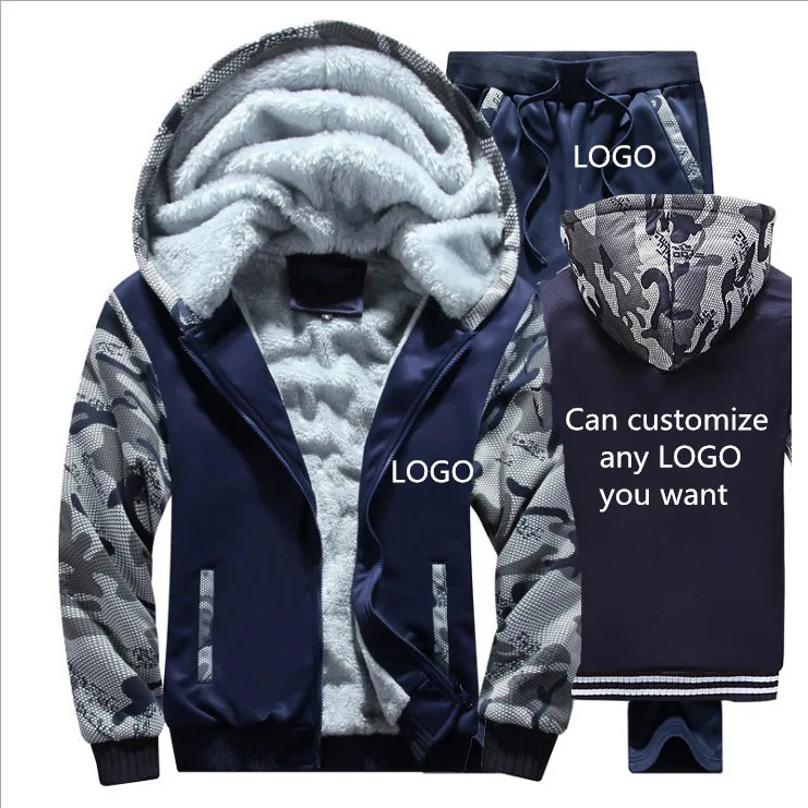 

Winter Hoodies Men Can customize LOGO Mens Hoodies Suit Thicken Warm Fleece cotton Zipper Tracksuit Mens Jacket+Pants 2Pcs Sets