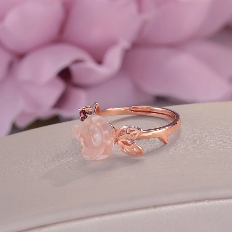 Fine Jewelry 100% Silver Rings For Women Rose Quartz Natural Gemstone Flower Pink Romantic Cute Wedding Ring CCRI025 | Украшения и
