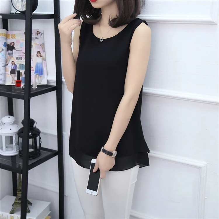 New Solid color Women Long Chiffon shirt summer Casual Top plus size S-6XL Loose sleeveless Blouse Double chiffon Blouses
