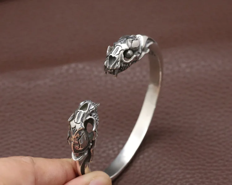 Skull bangle Винтажный тайский Серебристый браслет с черепом тигра 925 серебряный браслет со скелетами и браслетом в стиле хип-хоп панк мужской браслет качественный ювелирный - Окраска металла: Skull bangle