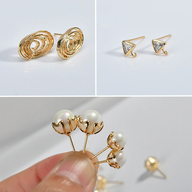S925 Silver needle copper plating 18k gold imitation beaded zircon triangle shaped ear DIY earrings jewelry material | Украшения и