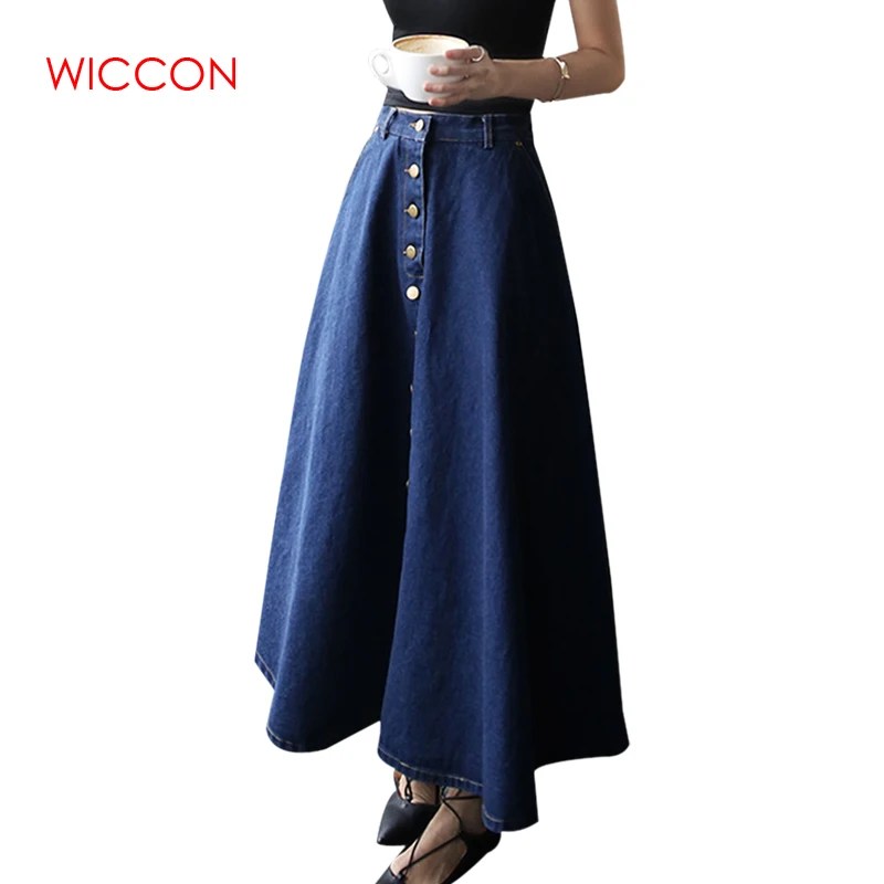 Новая модная одежда, Корейская джинсовая юбка PreppyStyle, Женская однотонная длинная юбка с высокой талией, Женская Повседневная винтажная джинсовая юбка на пуговицах