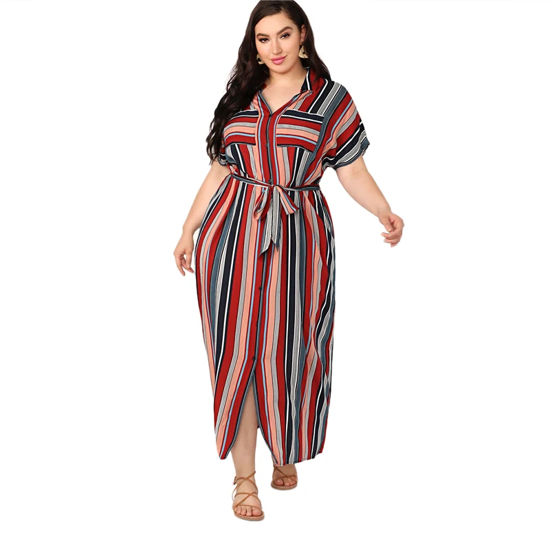 SHEIN, платье-рубашка в полоску с разноцветными карманами и заплатками размера плюс,, женские летние повседневные длинные платья на пуговицах с воротником и разрезом