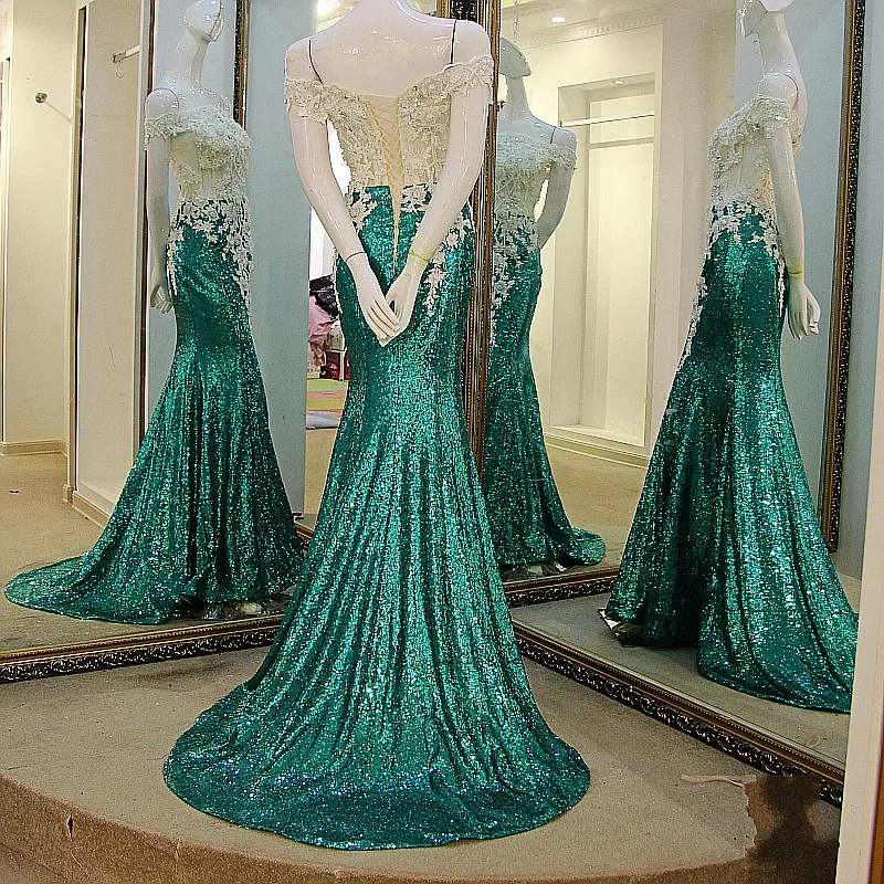 LS41199 Длинные Русалки Пром платья с плеча зашнуровать назад Sequins Кружева Топ