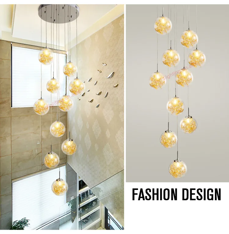 Art deco custom villa circular hand blown round glass spiral hanging high ceilings staircase modern lights for home chandelier