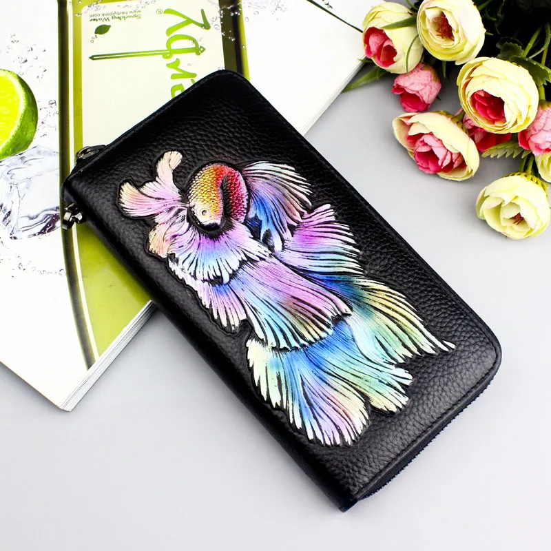 Женский кошелек из натуральной кожи с 3D тиснением на молнии модный длинный