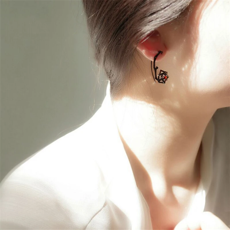 

2019 New Fashion Tibetan Sliver Black Golden Black Rose Style Red CZ Stones Earring Korean Hit TV Show Series for women girl