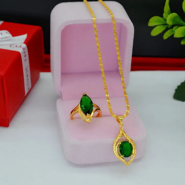 Teardrop Shape Necklace Rings Set for Women Yellow Gold Filled Red Crystal Zircon Pendant Choker + Opening Ring | Украшения и