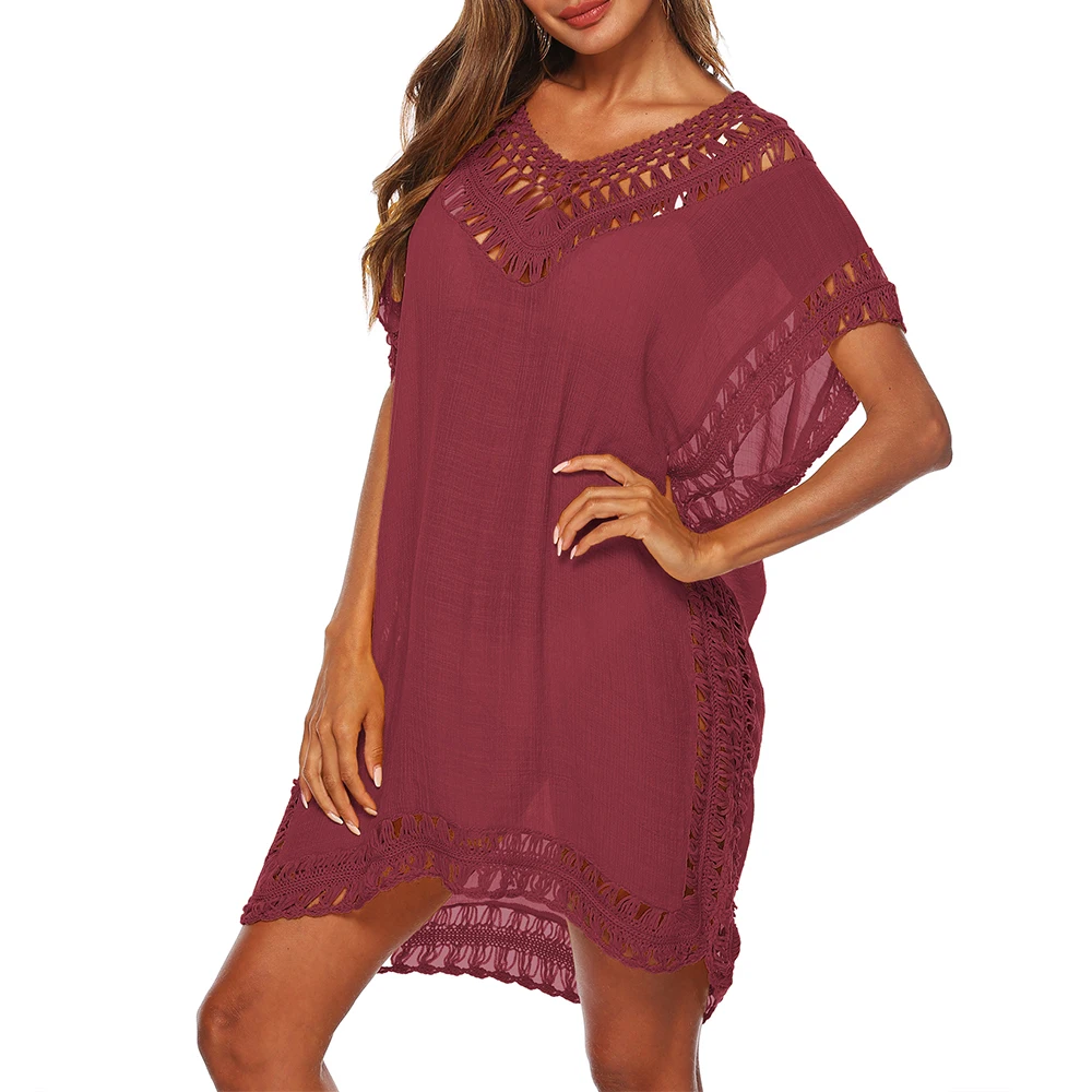 style1-Jujube red Сексуальное женское свободное пляжное платье, туника, однотонное бикини, накидка, купальник, пляжная одежда, купальник, открытое пляжное платье, Robe De Plage - Цвет: style1-Jujube red