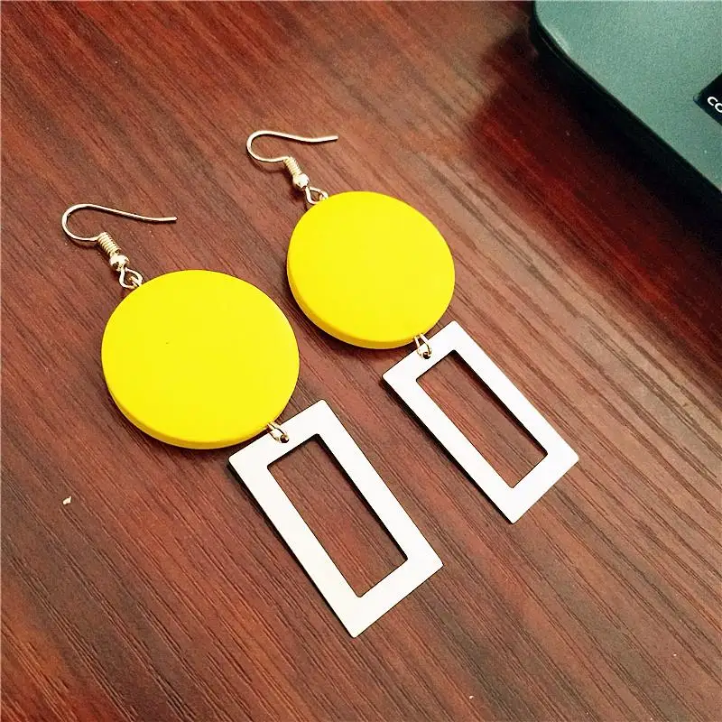 Yellow Корейские круглые деревянные серьги длинные массивные геометрические прямоугольные Висячие серьги для женщин модные ювелирные изделия Oorbellen - Окраска металла: Yellow